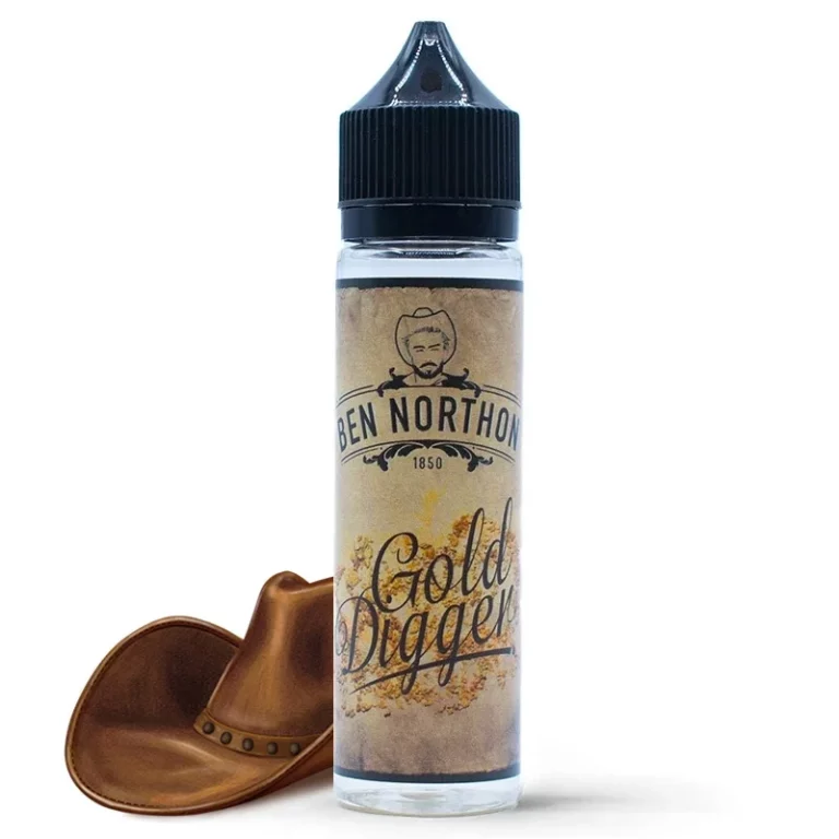 Une bouteille de Ben Northon - Gold Digger E-Liquide placée à côté d'un chapeau de cowboy.