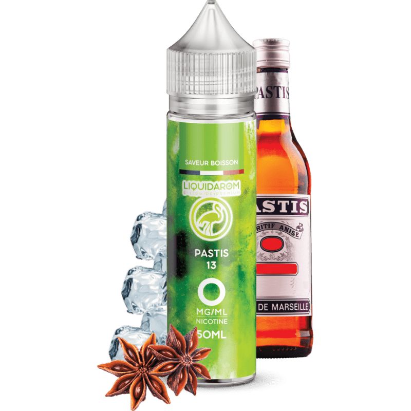Une bouteille de LiquidArom - E-Liquide Pastis aux côtés d'un anis.