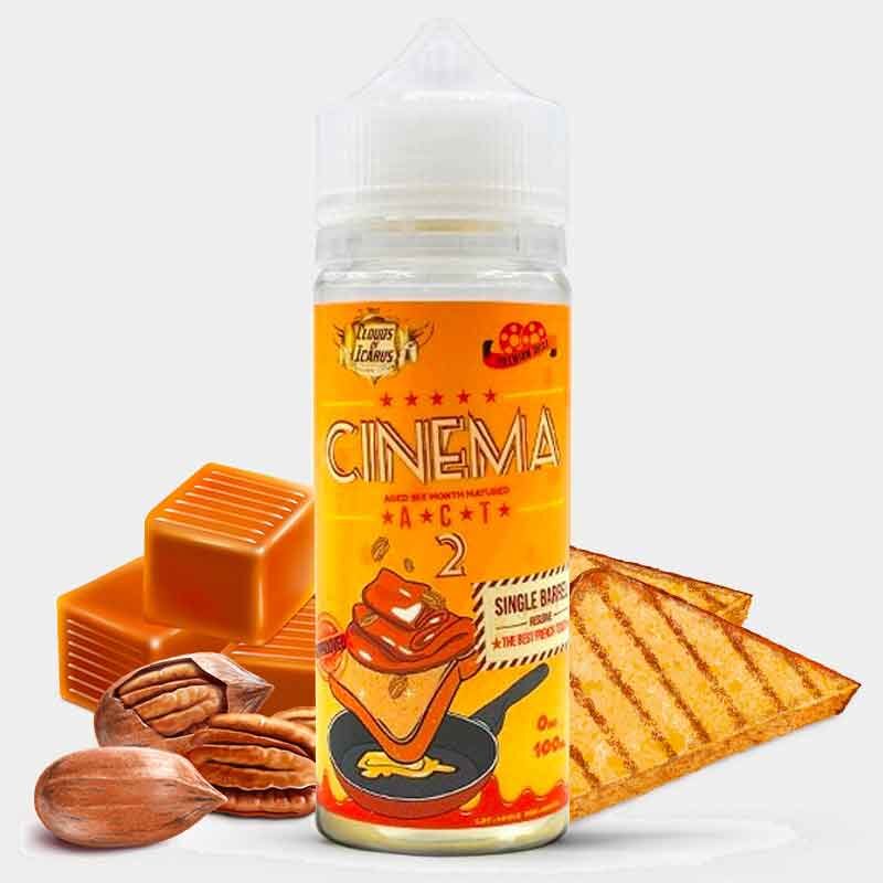 Une bouteille de E-Liquide Clouds of Icarus - Cinema Act 2 avec du pop-corn et des noix de pécan à côté.