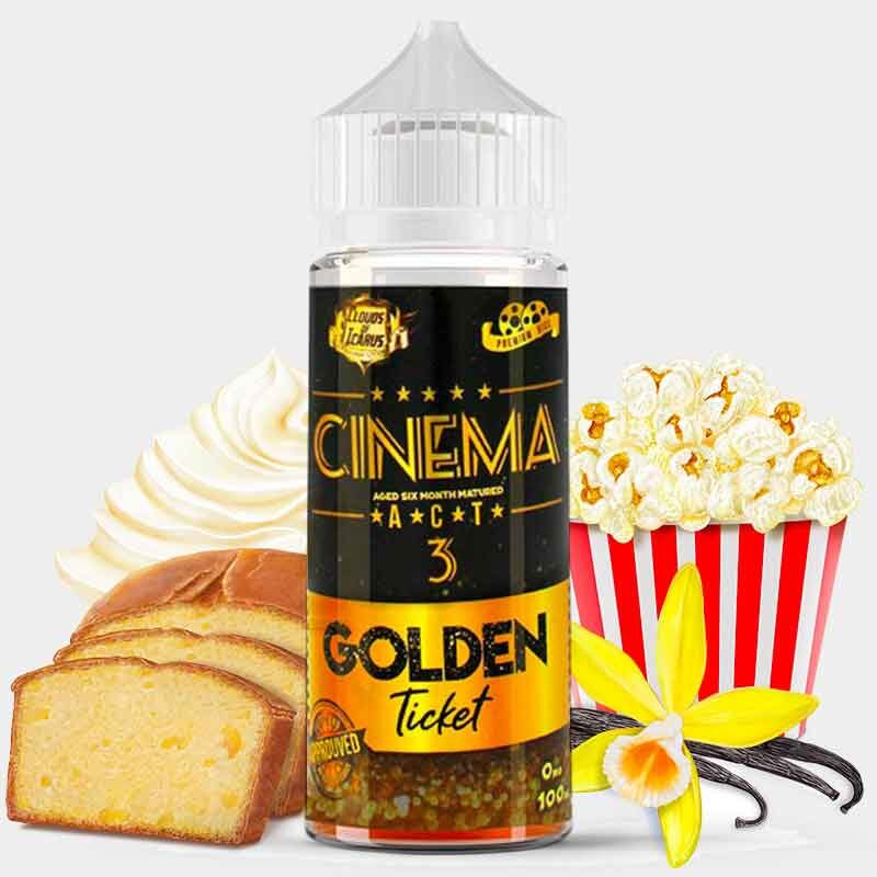 Une bouteille de E-Liquide Clouds of Icarus - Cinema Act 3 infusé d'une tranche de gâteau et de vanille, inspiré des Clouds of Icarus.