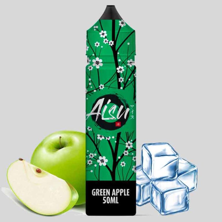 Un e-liquide Aisu – Green Apple E-Liquide, entouré de glaçons rafraîchissants.