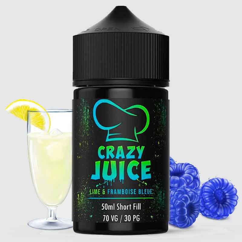 Une bouteille de E-Liquide Mukk Mukk - Lime Framboise Bleue à côté d'un verre de limonade.