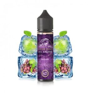Une bouteille de e-liquide Steam Train - Timekeeper 100ML avec des glaçons à côté, parfaite pour les vapoteurs à la recherche d'une expérience de vapotage rafraîchissante et fraîche.