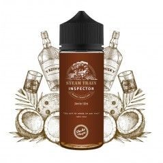 Steam Train - Inspector 100ML E-Liquide : Un Inspecteur examine une bouteille de Steam Train - Inspector 100ML E-Liquide avec une noix de coco, tandis qu'un train à vapeur passe en arrière-plan.