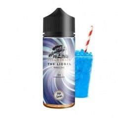 Une bouteille de Steam Train - Le e-liquide Lionel 100ML, orné d'une teinte bleue vibrante, a une fine paille soigneusement placée à côté.