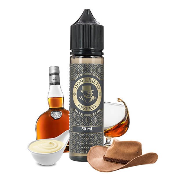 Don Cristo - Réserve E-Liquide, une bouteille de e-liquide ornée d'un chapeau de cowboy et inspirée des riches saveurs du whisky.