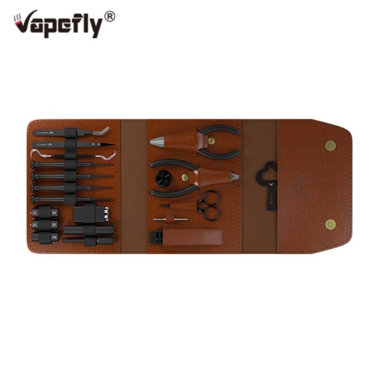 Le Vapefly - Mime's Masterful Toolbag est un étui en cuir rempli d'une variété d'outils.