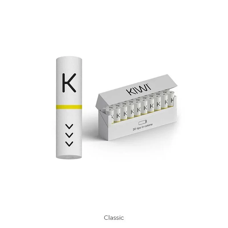 Une boîte Kiwi Vapor - Filtres en coton pour Pod Kiwi avec un pod Kiwi et des Filtres en coton à côté.