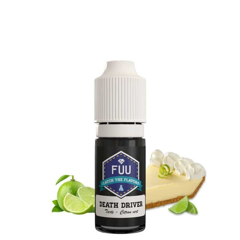 Une bouteille de e-liquide Fuu - Concentré Death Driver 10ml avec une tarte au citron vert et des citrons verts à côté.