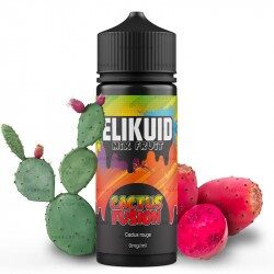 Une bouteille d'e-liquide Elikuid - Cactus Fusion 100ML avec un cactus à côté, créant un mélange unique de Cactus Fusion.