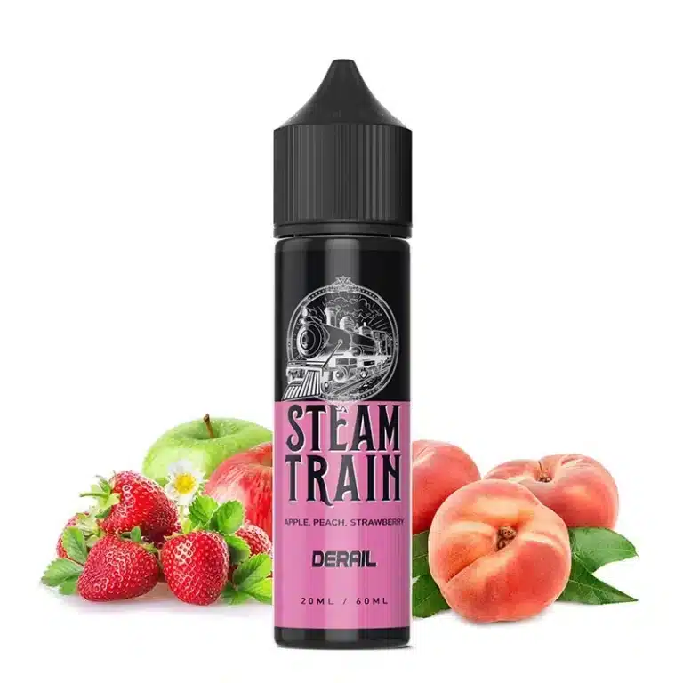 Steam Train - Derail E-Liquid est un e-liquide pour train à vapeur à saveur de pêche qui vous emmènera dans un voyage savoureux à travers les nuages.