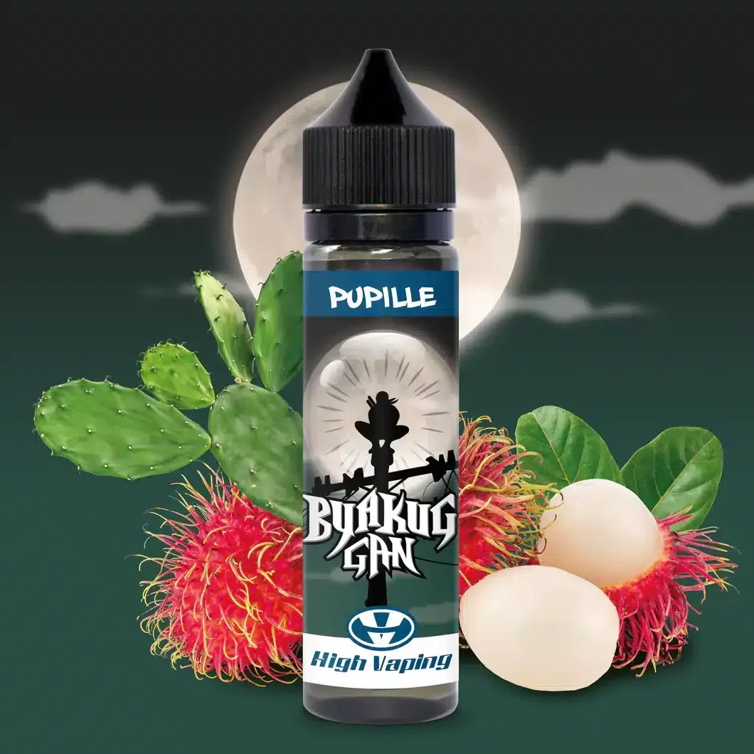Une bouteille de e-liquide High Vaping - Byakug Gan 1 litre, infusée de l'essence revigorante du gin brûlant et accompagnée de fruits succulents, le tout sur fond captivant de lune.
