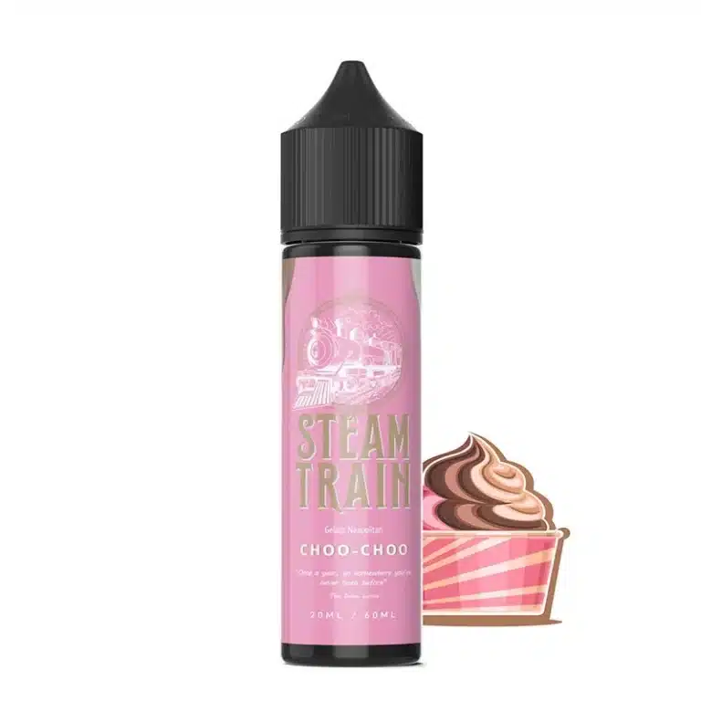 Steam Train - Choo Choo E-Liquide avec un cupcake à côté.