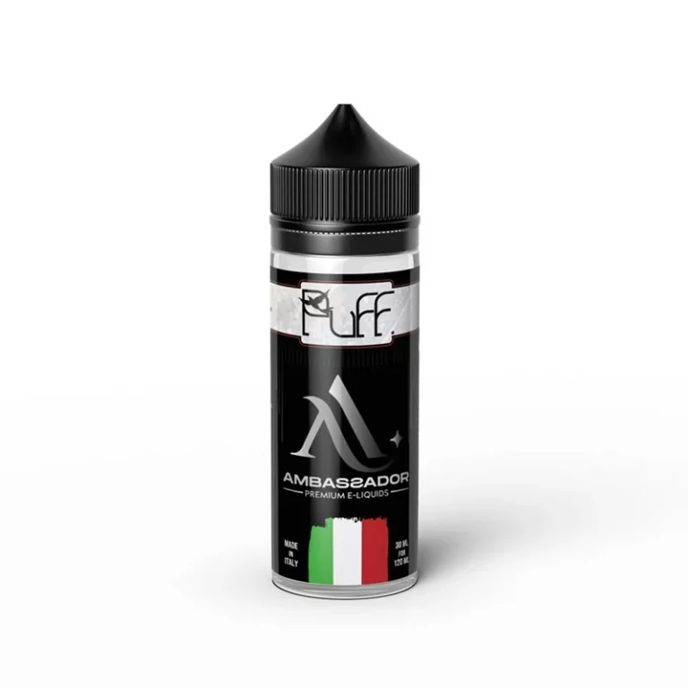 Un ambassadeur - Puff 100 ML E-Liquide dans une bouteille de 100 ML avec un drapeau italien dessus.