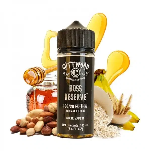 Une bouteille de E-Liquide Cuttwood - Boss Reserve 100 ML regorgeant de noix et de bananes.