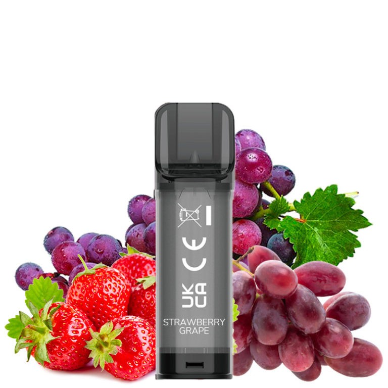 Une bouteille de e-liquide avec des raisins et du raisin fraise à côté, mettant en vedette l'Elfa Cartouche Scellée et l'ELF BAR.