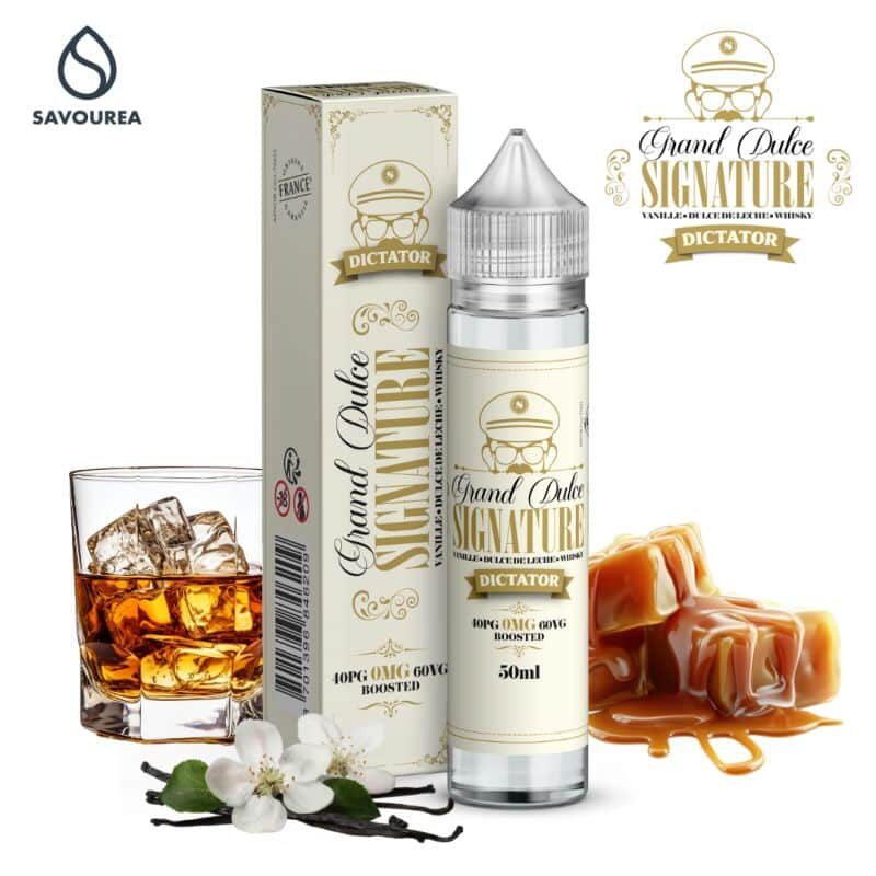 Une bouteille de Dictator - Grand Dulce Signature E-Liquide à côté d'un verre de glace et d'une tasse de café.