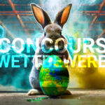Ein digital komponiertes Bild eines Kaninchens mit übergroßen Ohren neben einem bunten Ei mit Erdmuster, überlagert mit dem Wort „concours“.