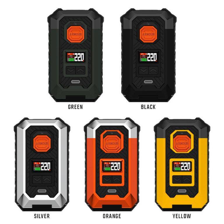 Eine Reihe von Vaporesso Box Armor Max E-Zigaretten in verschiedenen Farben in unterschiedlichen Schattierungen.