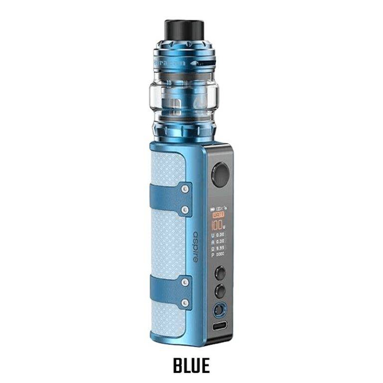 Un kit e-cigarette Aspire Huracan LX bleu avec un réservoir bleu.