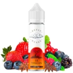Flasche E-Liquid mit Fruchtgeschmack „le volcan“, umgeben von verschiedenen Beeren und Gewürzen.