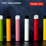 Eine Auswahl von sechs bunten Vape Pens, die in einer Reihe auf einem dunklen Hintergrund angeordnet sind, hinter denen Rauch aufsteigt und ein Aktionsrabatt von 20 % angezeigt wird.