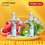 Werbebild für E-Liquids von Le Petit Verger mit zwei Flaschen inmitten von Früchten wie Granatapfel und Kiwi und einem Etikett mit 20 % Rabatt.