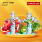 Image promotionnelle des e-liquides le petit verger comprenant deux bouteilles avec des fruits comme la grenade et le kiwi, de la glace et un badge de réduction de 20 %.