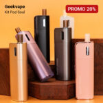 Image promotionnelle de divers appareils geekvape kit pod soul de différentes couleurs, affichées debout sur une surface en bois avec une offre de réduction de 20 %.
