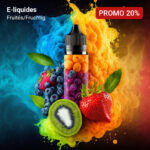 Eine farbenfrohe E-Liquid-Flasche, umgeben von Früchten wie Erdbeeren, Blaubeeren, Kiwi und Himbeeren vor einem Hintergrund mit lebhaften Raucheffekten. Der Text lautet „E-liquides Fruités/Fruchtig“ und „PROMO 20 %“.