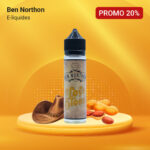 Flacon de e-liquides Ben Northon avec une étiquette "Love Blond", affichée aux côtés de cacahuètes et d'un chapeau de cowboy sur fond jaune, et une étiquette "PROMO 20%".