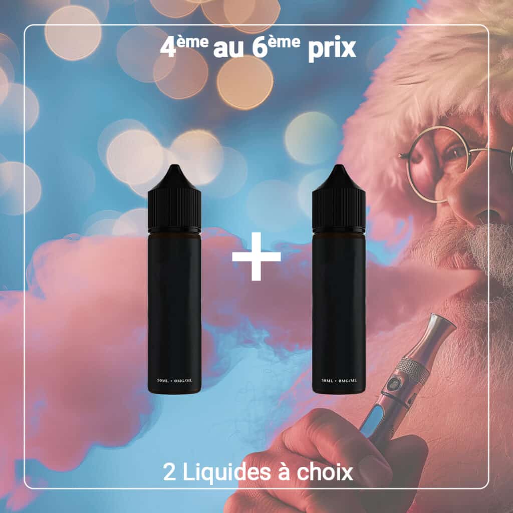 Deux bouteilles noires sont présentées avec un signe plus entre elles. En arrière-plan, une personne portant des lunettes tient un appareil de vapotage. Le texte en français indique : « Concours : 4ème au 6ème prix, 2 liquides à choix.