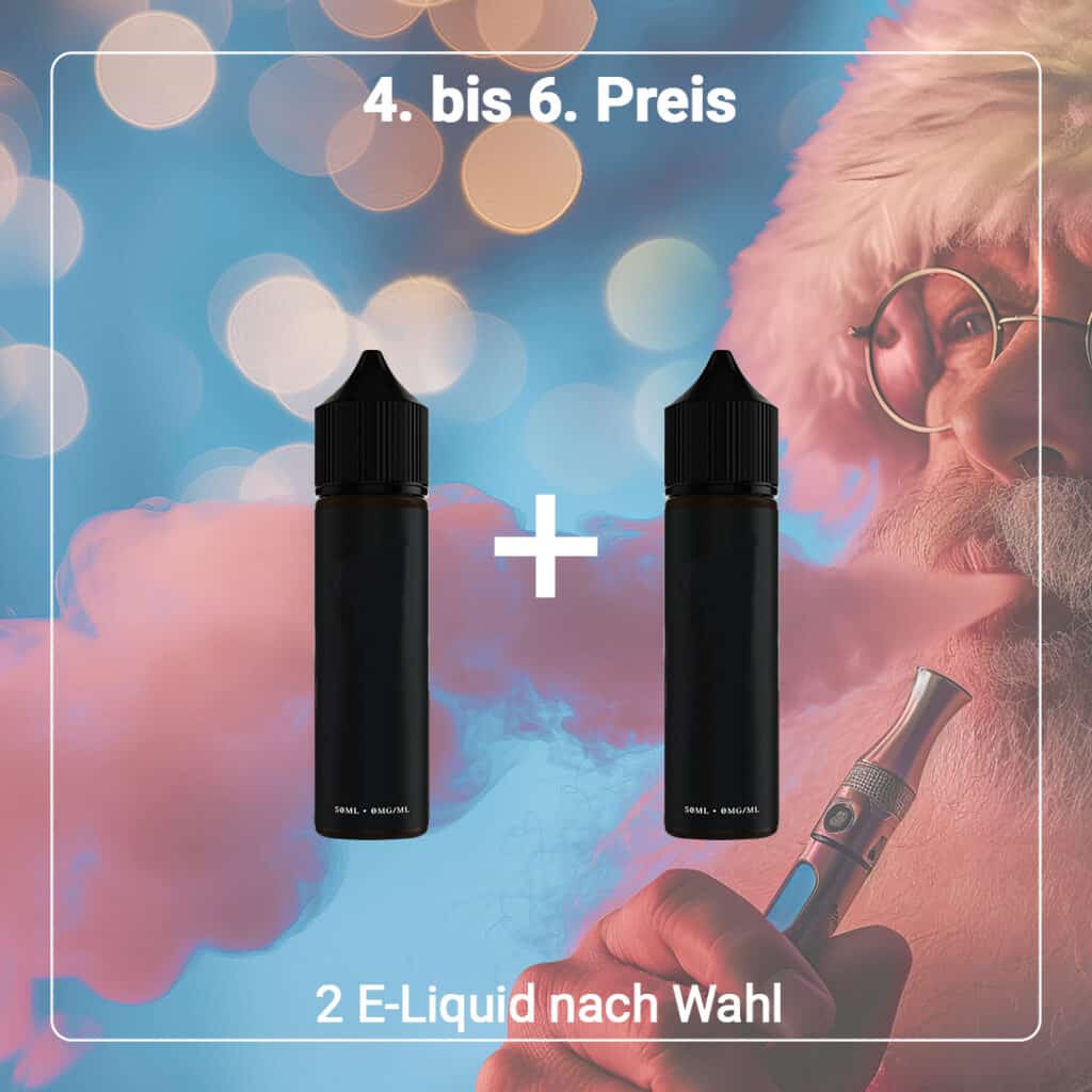 Zwei schwarze E-Liquid-Flaschen nebeneinander mit einem Pluszeichen dazwischen. Im Hintergrund ist ein rauchender Weihnachtsmann zu sehen, der eine E-Zigarette hält. Der Text lautet: „4. bis 6. Preis – 2 E-Liquids nach Wahl.“