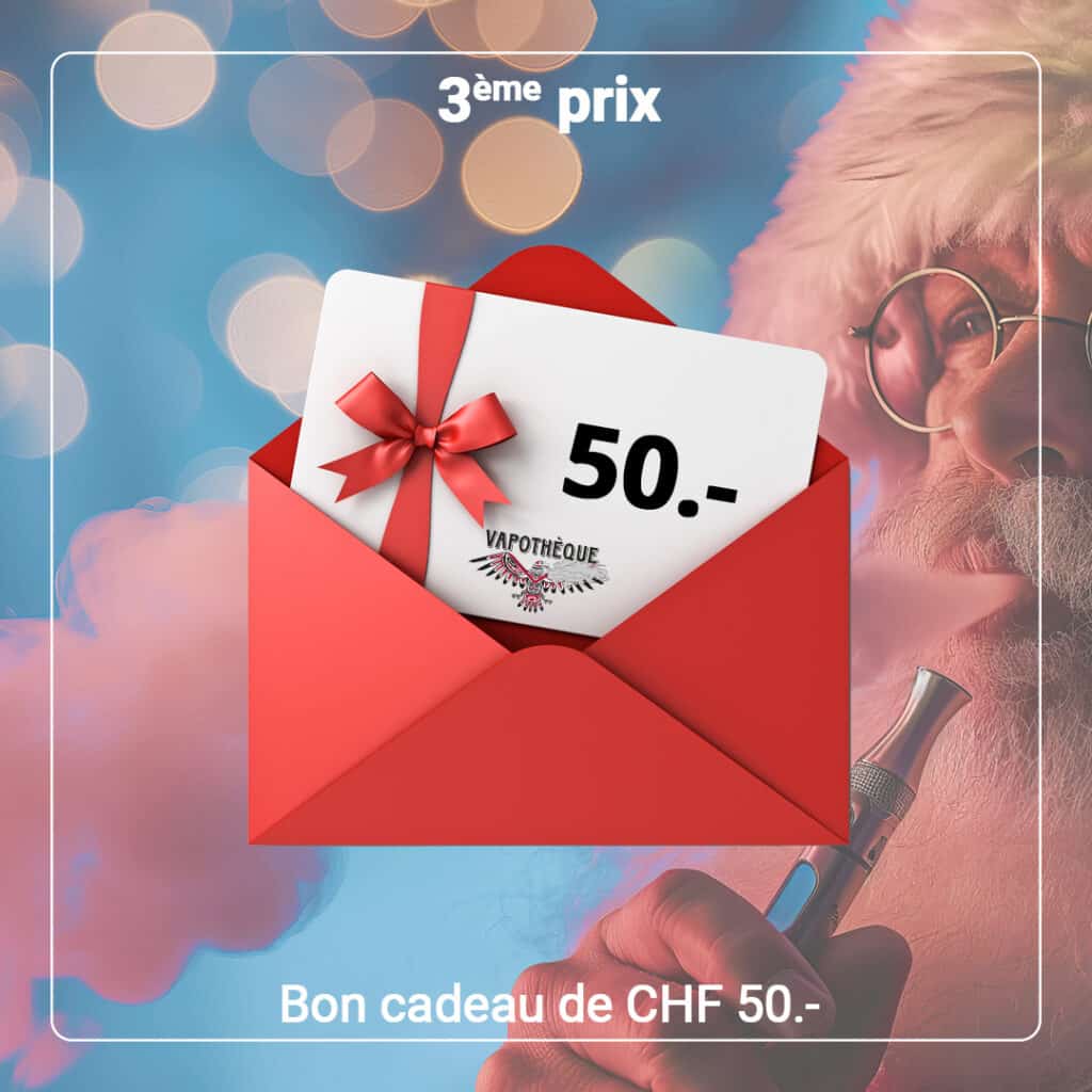 Une carte cadeau de 50 CHF, nichée dans une enveloppe rouge avec un nœud, est posée à côté d'une personne déguisée en Père Noël tenant un stylo à vapotage. Le texte indique « 3ème prix », ce qui en fait le prix de concours idéal : « Bon cadeau de CHF 50.- ».