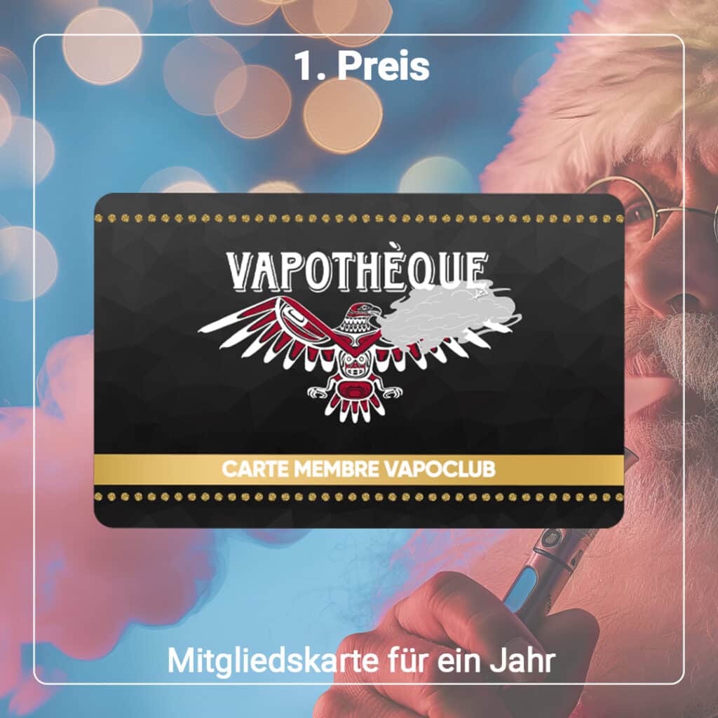 Es wird eine Mitgliedskarte für „Vapotèque Vapoclub“ angezeigt. Im Hintergrund ist eine Person mit einer E-Zigarette zu sehen, die raucht. Ein Textetikett weist darauf hin, dass es sich um einen Preis für eine einjährige Mitgliedschaft handelt.