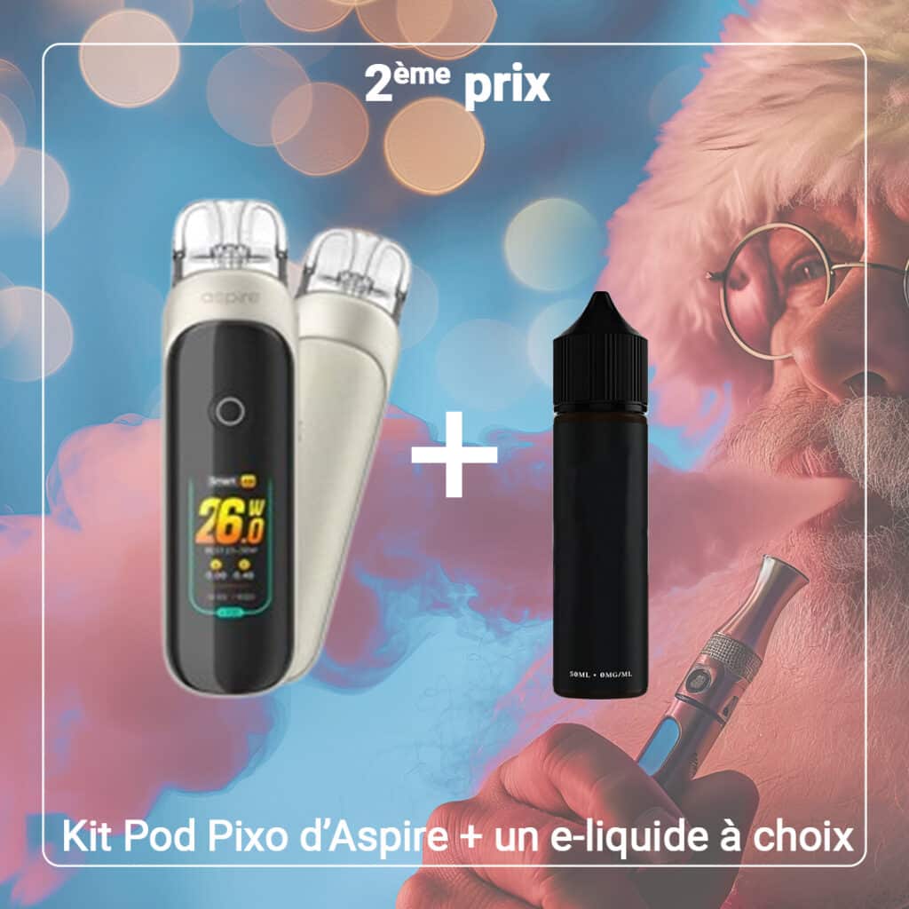 Le kit Aspire Pixo Pod et le flacon d'e-liquide sont présentés aux côtés d'une figurine ressemblant au Père Noël tenant une vape, capturant l'esprit festif. Participez à notre concours spécial pour avoir une chance de gagner cet ensemble de vapotage ultime !