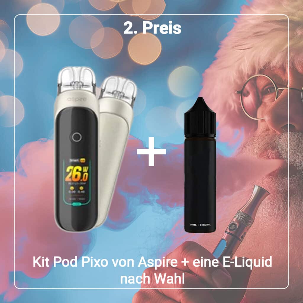 Vape-Kit-Werbung mit zwei Geräten, einer E-Liquid-Flasche und einem Hintergrund im Weihnachtsmann-Stil. Im deutschen Text werden „2. Preis“ und „Kit Pod Pixo von Aspire + ein E-Liquid nach Wahl“ erwähnt.