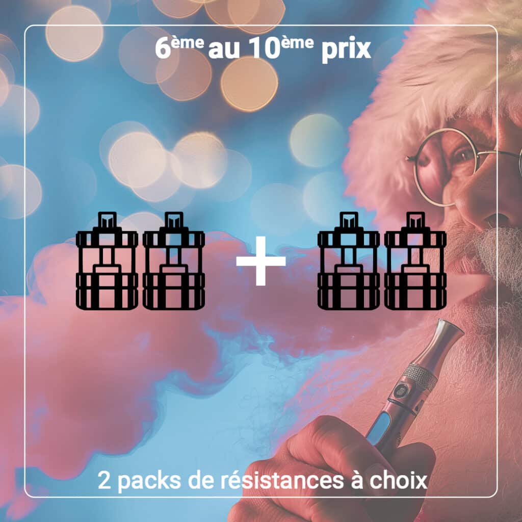 Le Père Noël, dans une version ludique, tient maintenant un stylo à vapotage, entouré d'illustrations vibrantes de réservoirs à vapotage. Participez à notre concours et découvrez des offres exclusives sur des packs de résistance auxquels même le Père Noël ne peut pas résister !