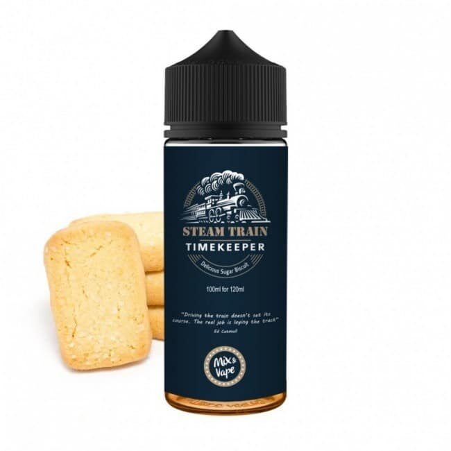 Un flacon de Steam Train - Timekeeper 24 ml / 120 ml E-Liquide est placé devant trois biscuits sablés rectangulaires sur fond blanc.