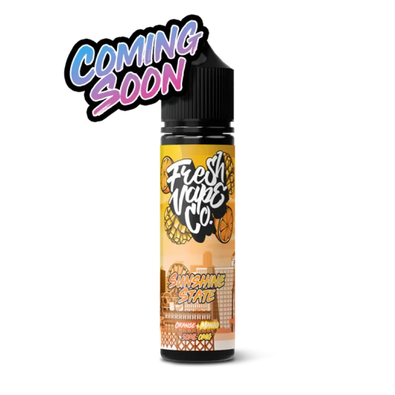 Werbegrafik für ein kommendes E-Liquid-Produkt mit dem Namen "Sunshine State" von Fresh Vape Co, das als kommend angekündigt wurde.