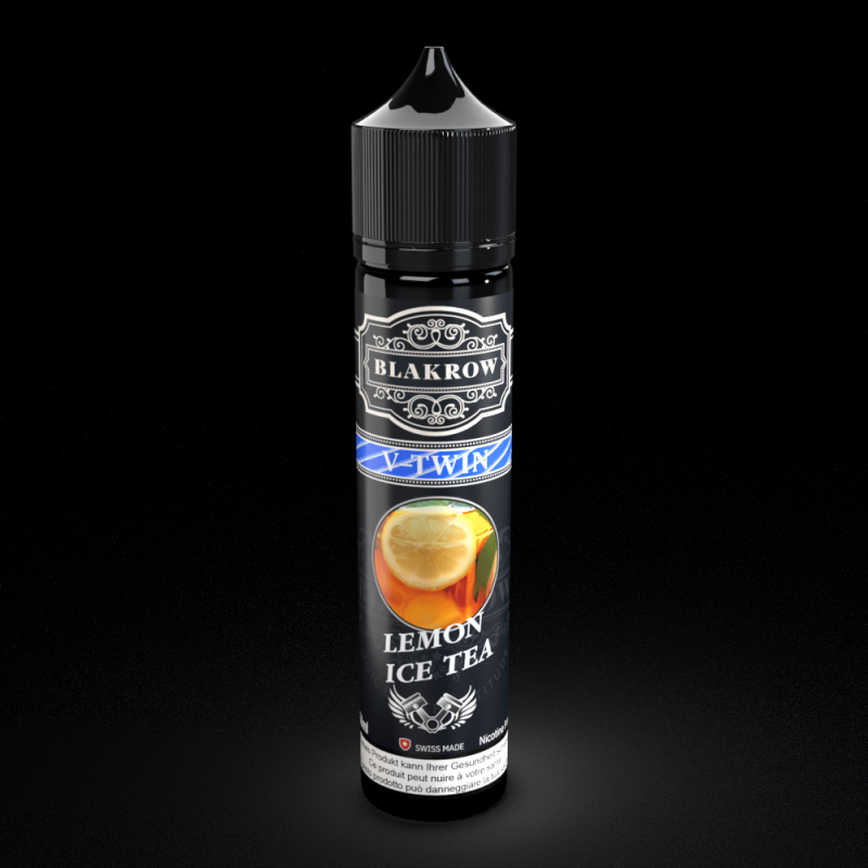Eine Flasche BlaKrow - V-Twin Eistee Zitrone E-Liquid auf schwarzem Hintergrund.