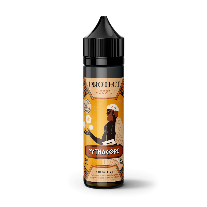 Protéger : Une bouteille de e-liquide Pythagore présentant l’image d’un homme, conçue pour protéger et améliorer votre expérience de vapotage.