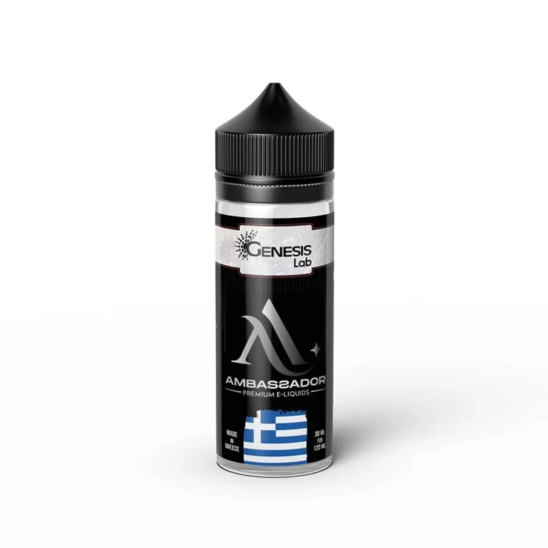 Eine 100-ml-E-Liquid-Flasche von Ambassador – Genesis Lab mit dem Design der griechischen Flagge.