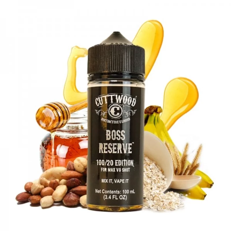 Eine Flasche Cuttwood - Boss Reserve 100 ML E-Liquid mit der köstlichen Kombination aus Nüssen und Bananen.