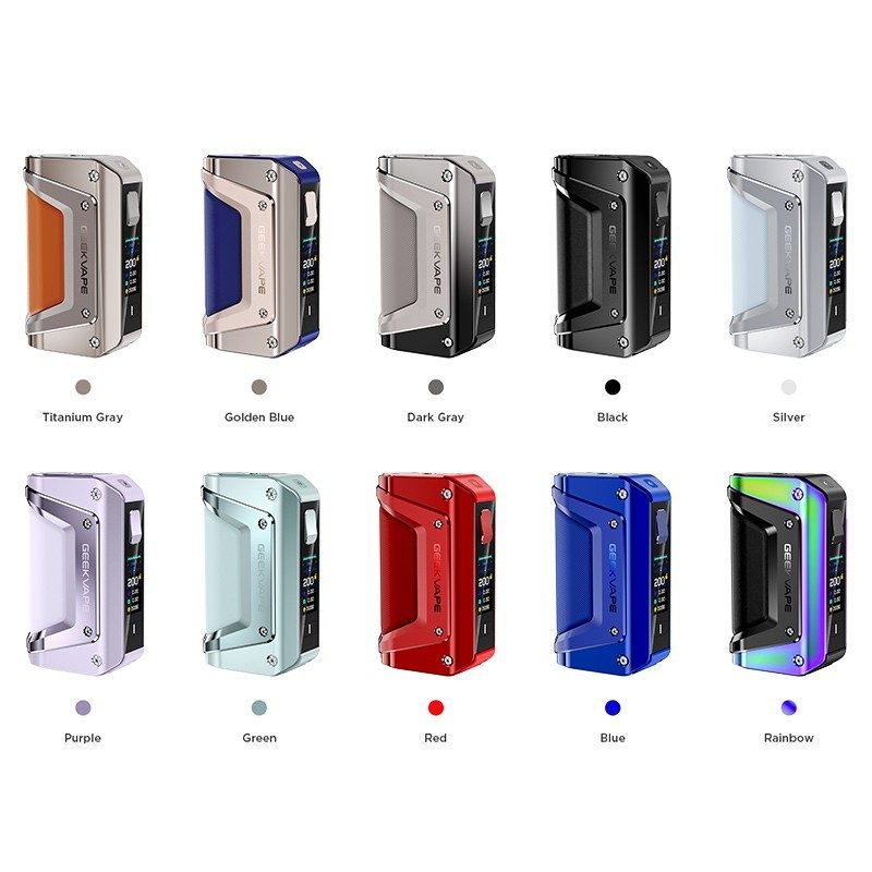 Eine Auswahl von elf Geräten Geekvape - Aegis Legend 3 in verschiedenen Farben, die in einem Raster angeordnet sind. Die Farben umfassen Titangrau, Goldblau, Dunkelgrau, Schwarz, Silber, Violett, Grün, Rot, Blau und den Regenbogen. Jedes Gerät verfügt über einen Bildschirm.