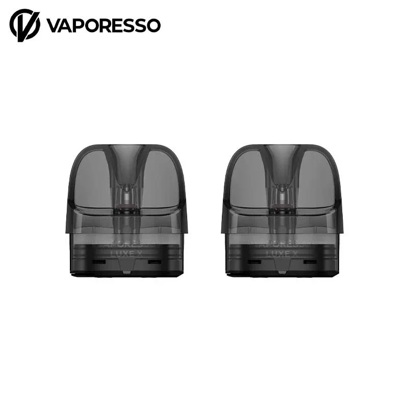 Deux dosettes de vape Vaporesso - Cartouches Luxe X avec boîtier noir transparent et le logo Vaporesso dans le coin supérieur gauche.