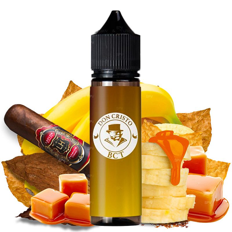 Eine Flasche Don Cristo BCT-Vape-Saft mit Tabak-, Karamell- und Bananenelementen.