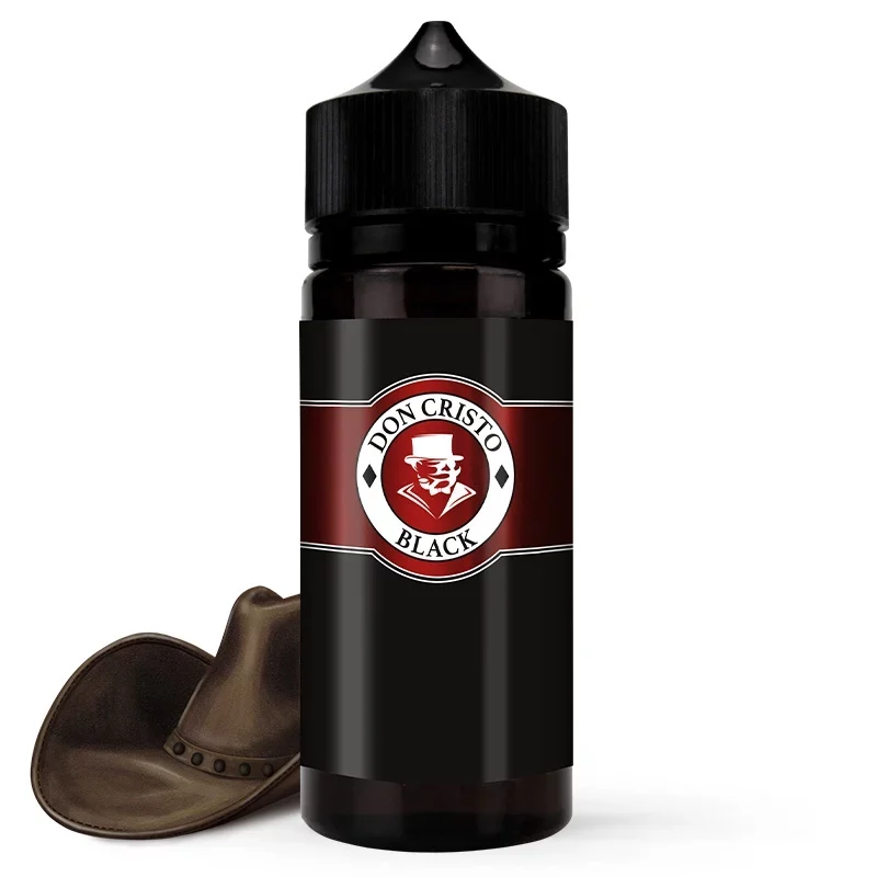 Une bouteille noire de E-liquide Don Cristo - Black 100ML avec un chapeau de cowboy à côté.