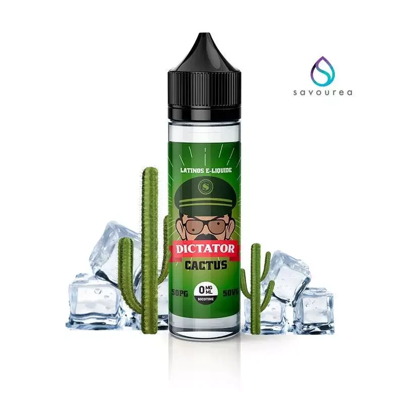 Eine Flasche Dictator - Cactus E-Liquid mit Eis daneben.