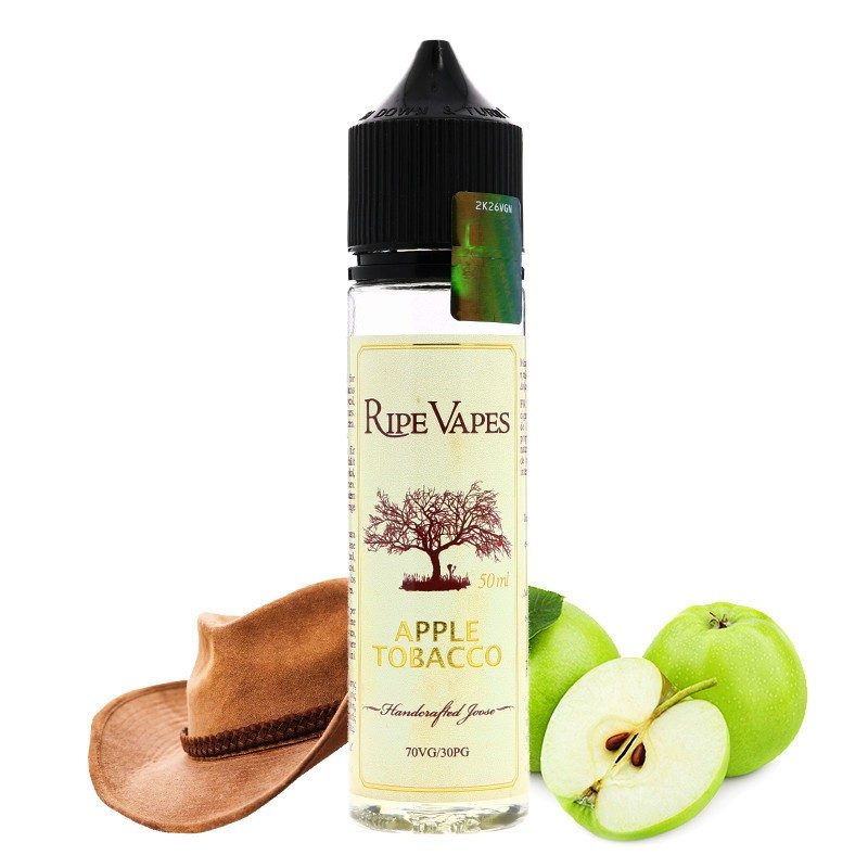 Une bouteille de Ripe Vapes - Apple Tobacco E-Liquid à côté d'un chapeau de cowboy et de pommes de Ripe Vapes.